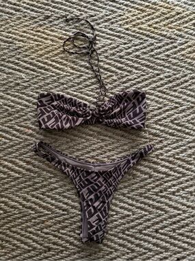 White Fox Boutique Taupe Geometric Strapless Bandeau Bikini